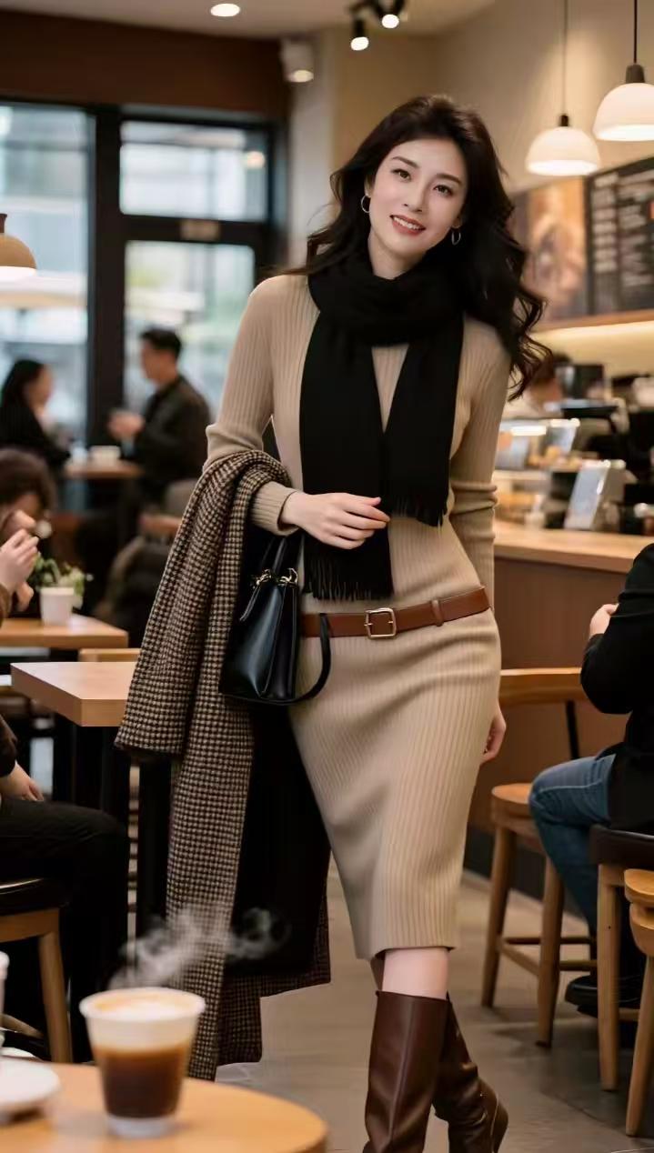你见过最漂亮的女孩长什么样冬季美女怎样穿搭更显魅力？咖色连衣套裙配棕色长筒靴，深