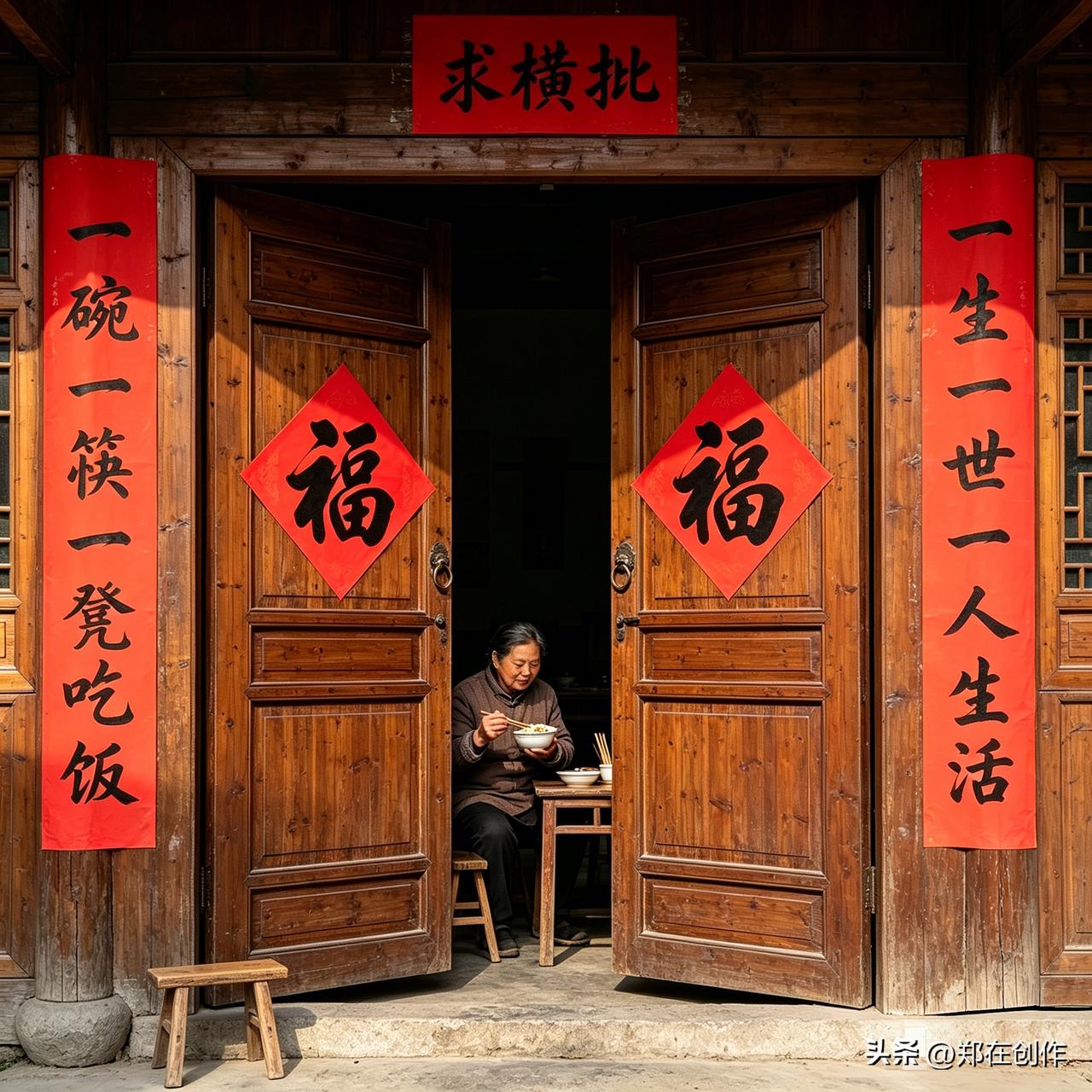 “一碗一筷一凳吃饭，一生一世一人生活”，这联藏着寻常日子的踏实——三餐用度的简单