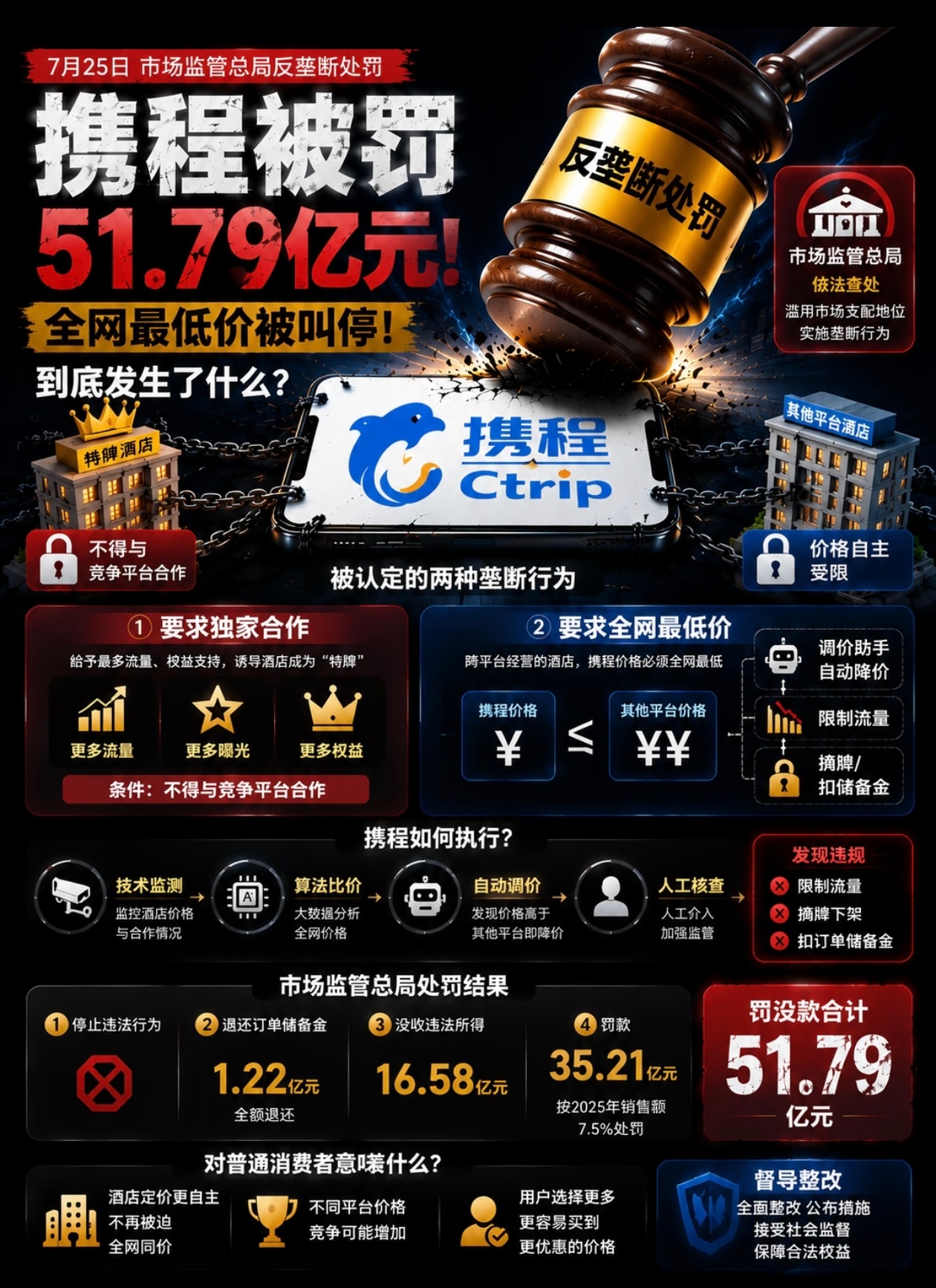 携程被罚51.79亿 “二选一”加“强制最低价”，把酒店和用户两头都算计了，之前