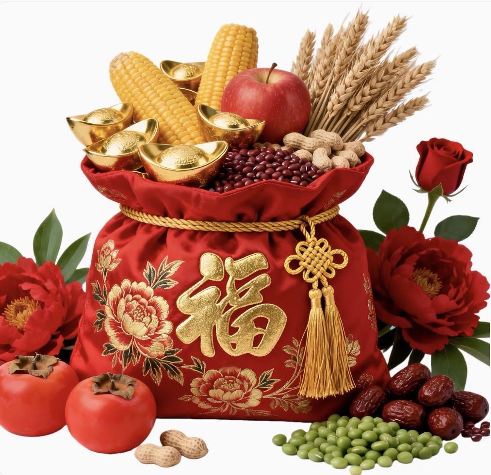 上联：报丰年五谷盈廪
下联：庆佳节六畜兴旺