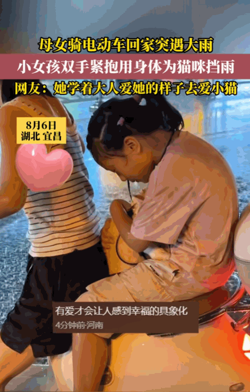 太感动了！湖北宜昌，一妈妈骑电车带女儿和猫咪回家途中下起大雨，母女全身湿透，小女