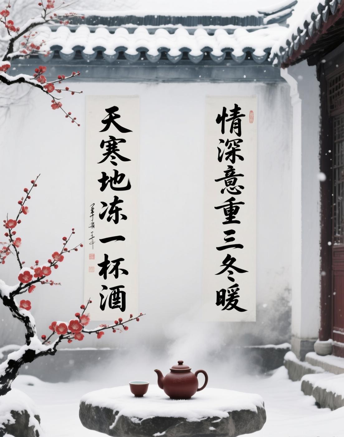 上联:天寒地冻一杯酒，求下联下联：情深意重三冬暖