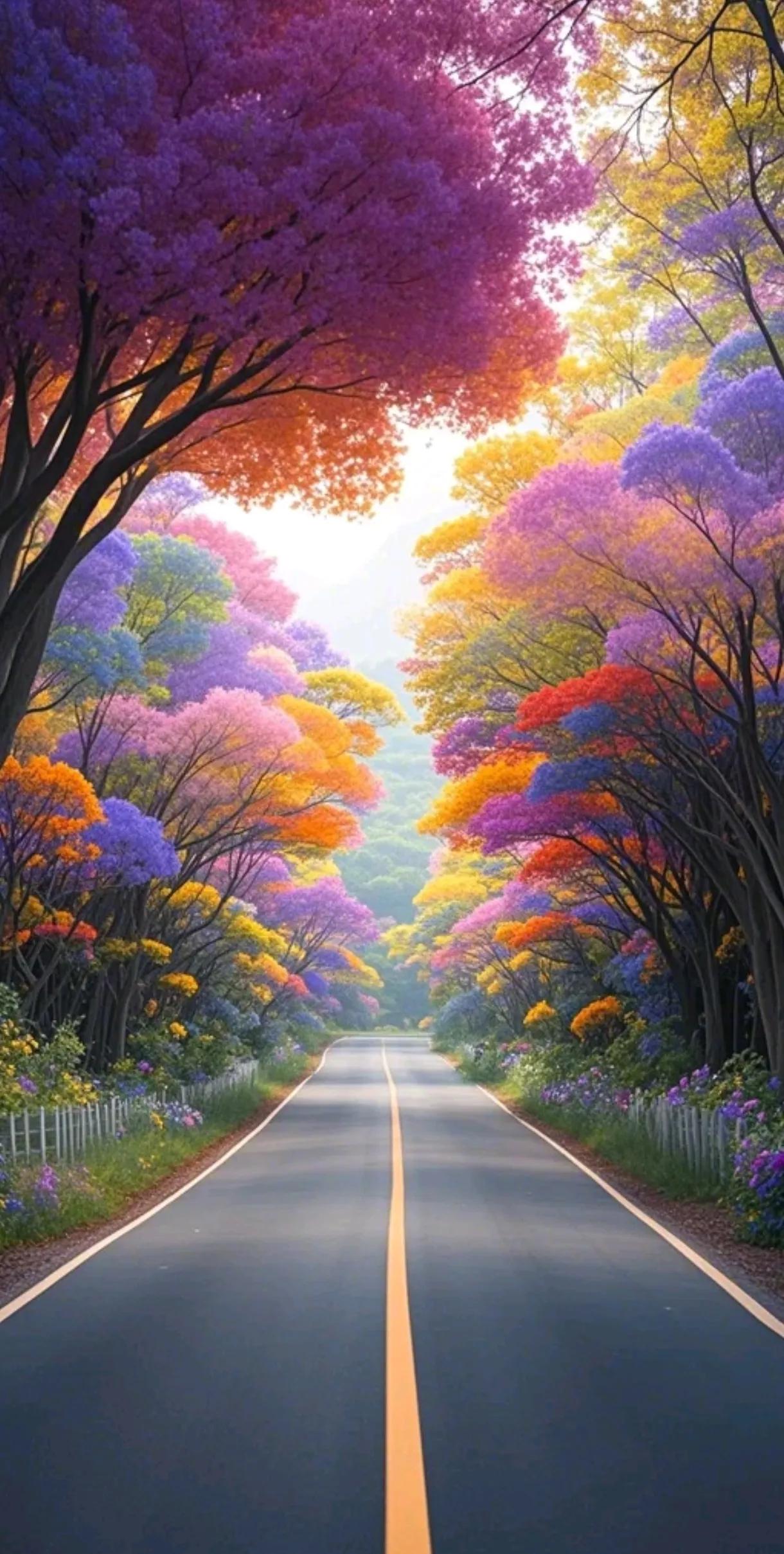绚烂多彩的树影，如梦如幻的秋日之路。如此醉人的秋色 唯美的秋