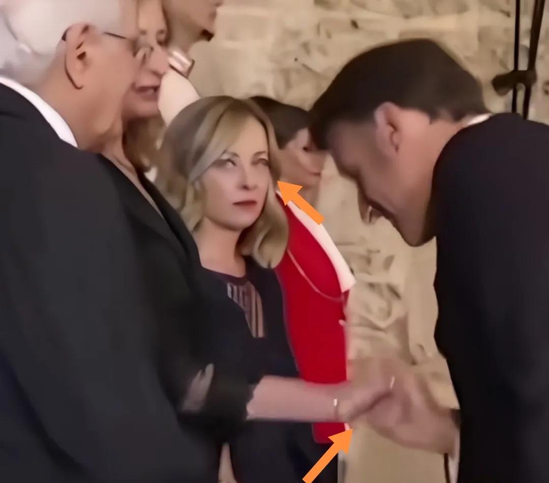 梅洛尼翻白眼马克龙与高个女吻手礼。
