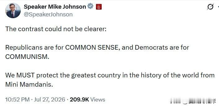 众议长Mike Johnson：
“两者的对比再鲜明不过：
共和党秉持常理务实路