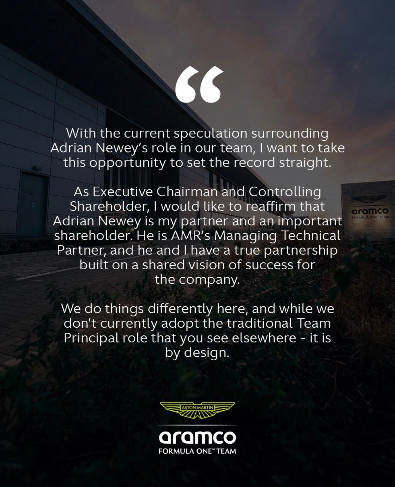 阿斯顿马丁老板劳伦斯-斯托尔发表了一份官方声明，重申对于技术合伙人阿德里安-纽维