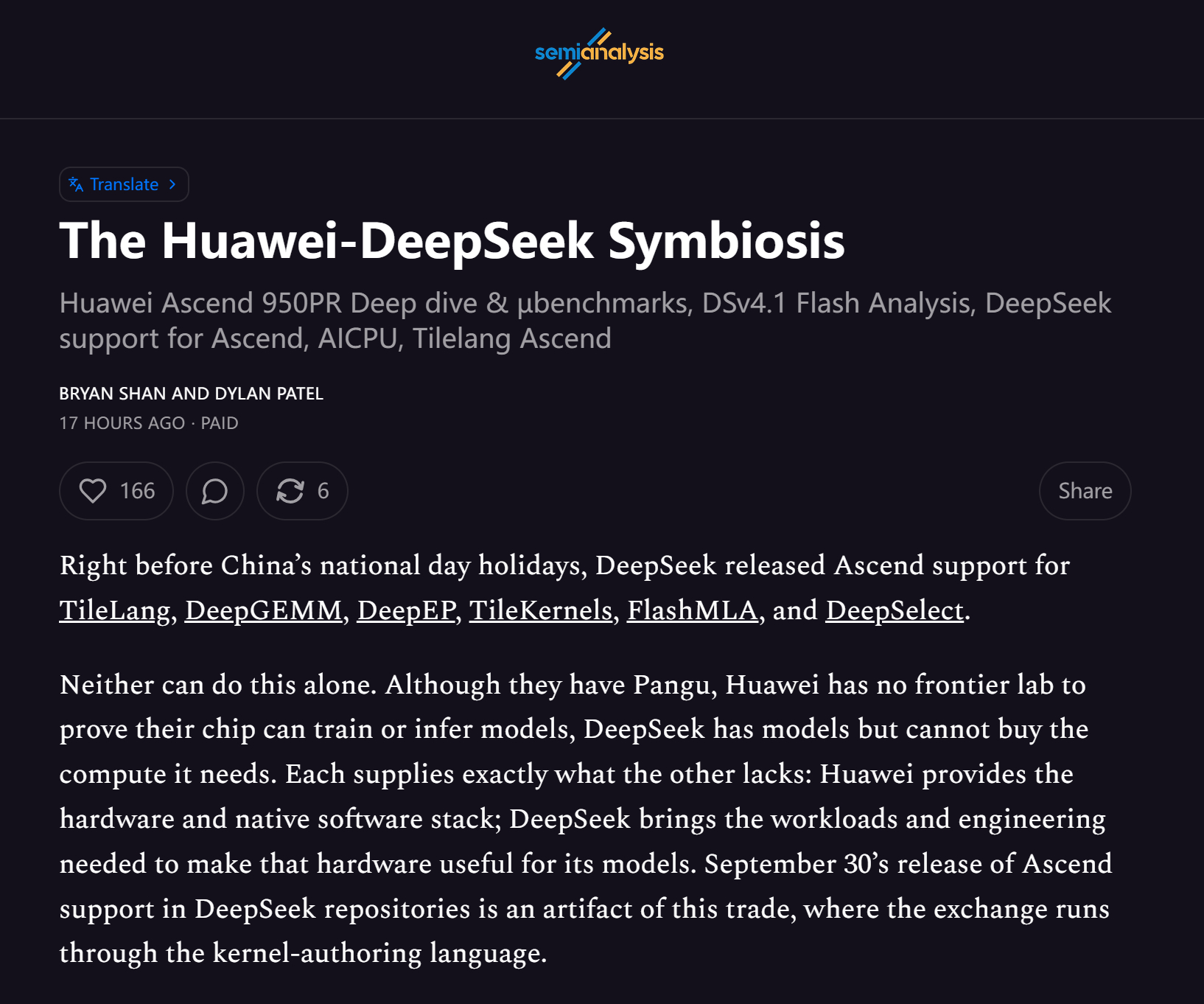 知名半导体研究机构「SemiAnalysis」刚刚发布了一篇对「华为和 Deep
