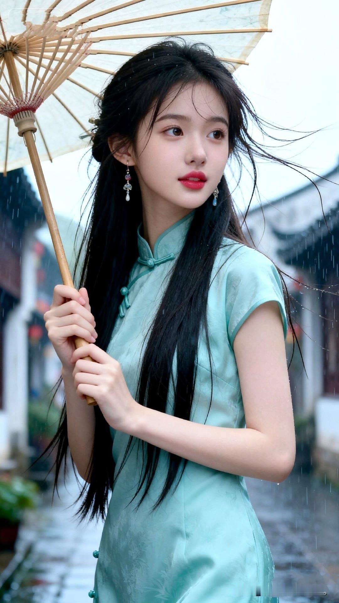 雨中漫步，撑伞少女，清新淡雅。雨中的女子 江南古风少女 雨后花伞少女
