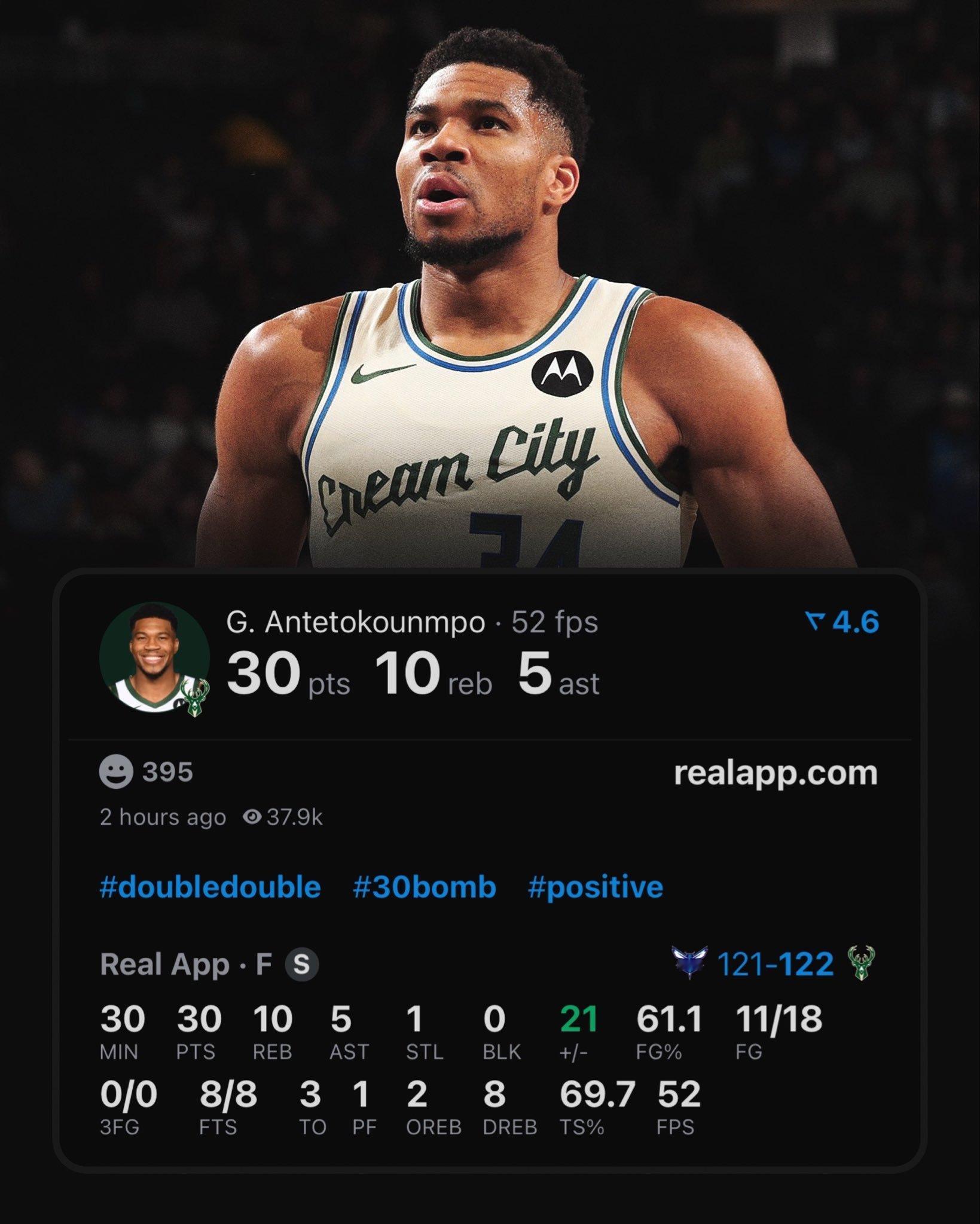 字母在生涯30+10+5次数登顶历史的这一晚（158次），正好拿到30+10+5