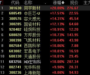 又是满血复活的一天！
电子化学品涨幅高距行业榜首，同宇新材中巨芯荣达感光等领涨在