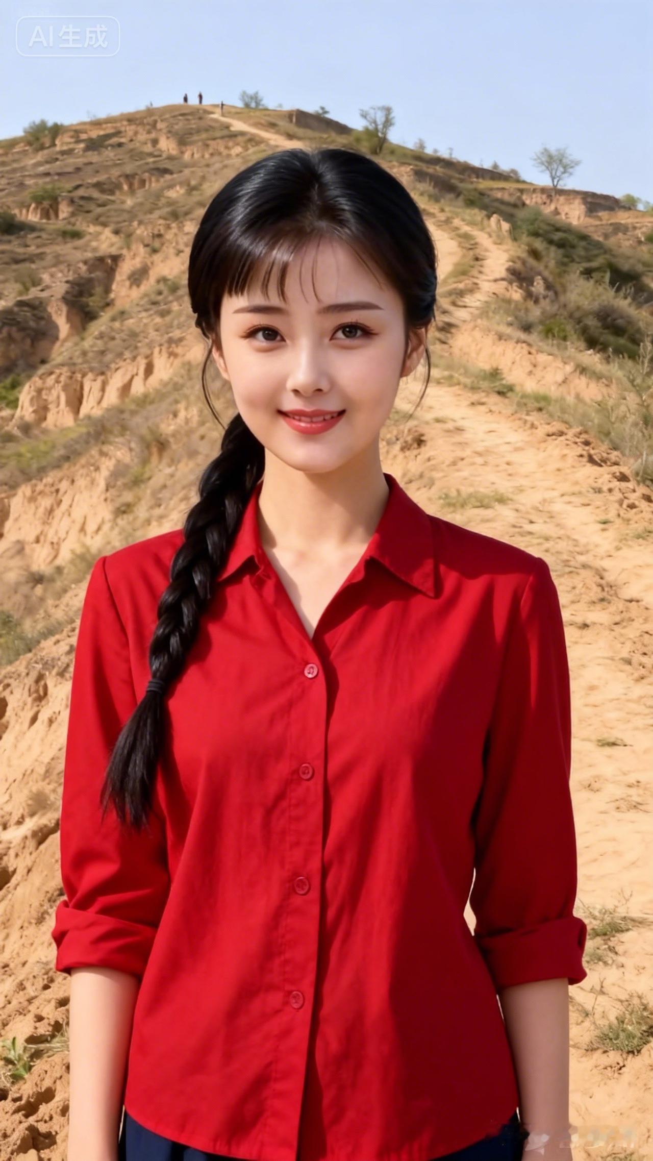 这位小姐姐在山坡上微笑。