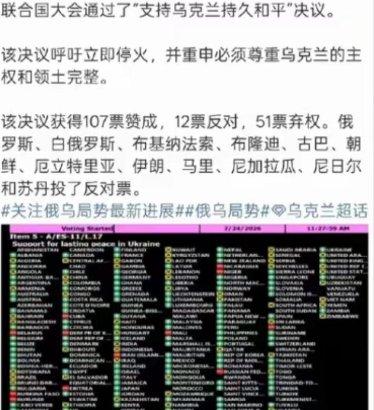 弱国无外交啊，支持乌克兰的国家只有107个，但是支持俄罗斯的国家居然高达12个。