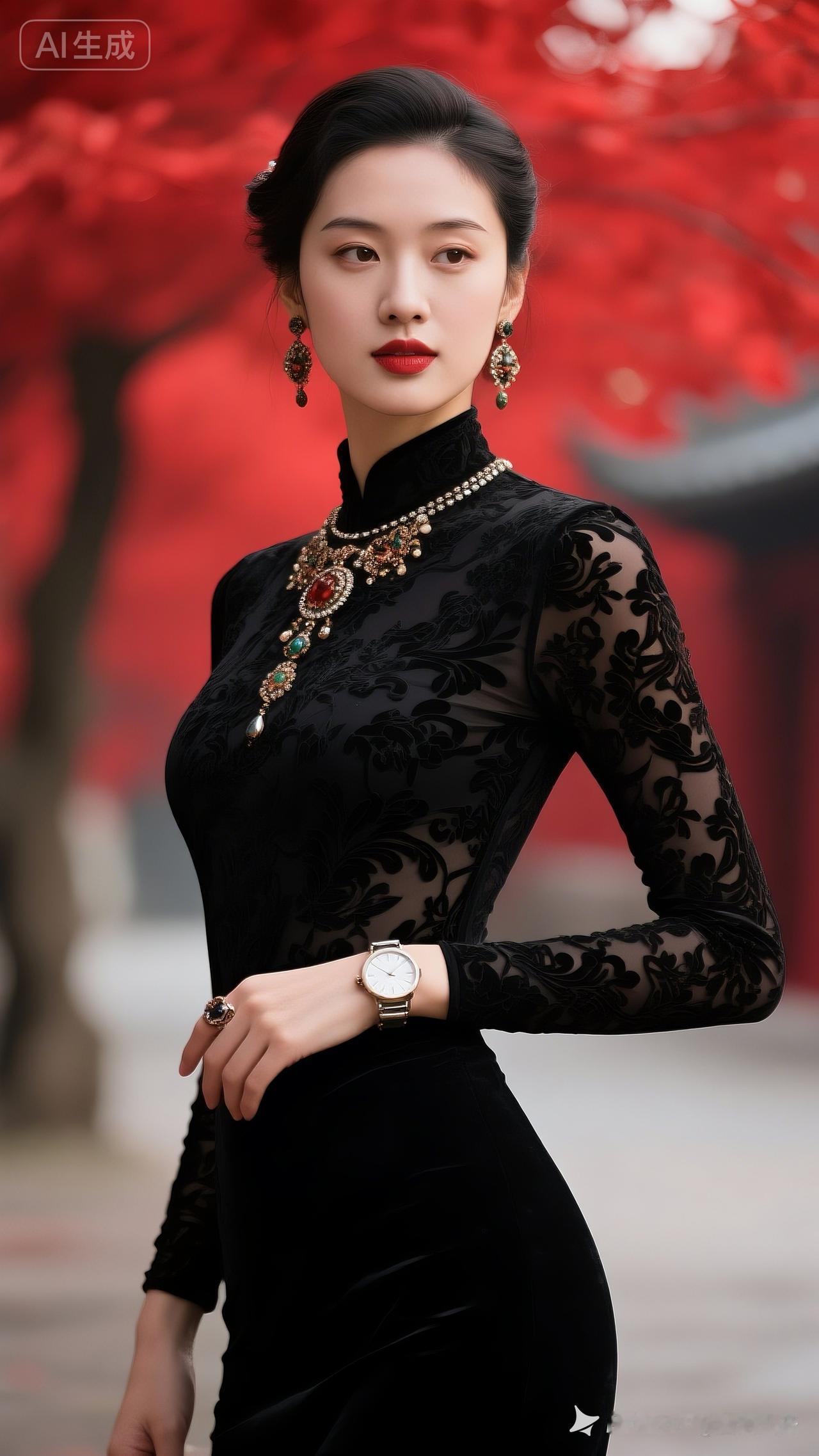 优雅黑裙，复古珠宝，红叶背景，尽显东方韵味。