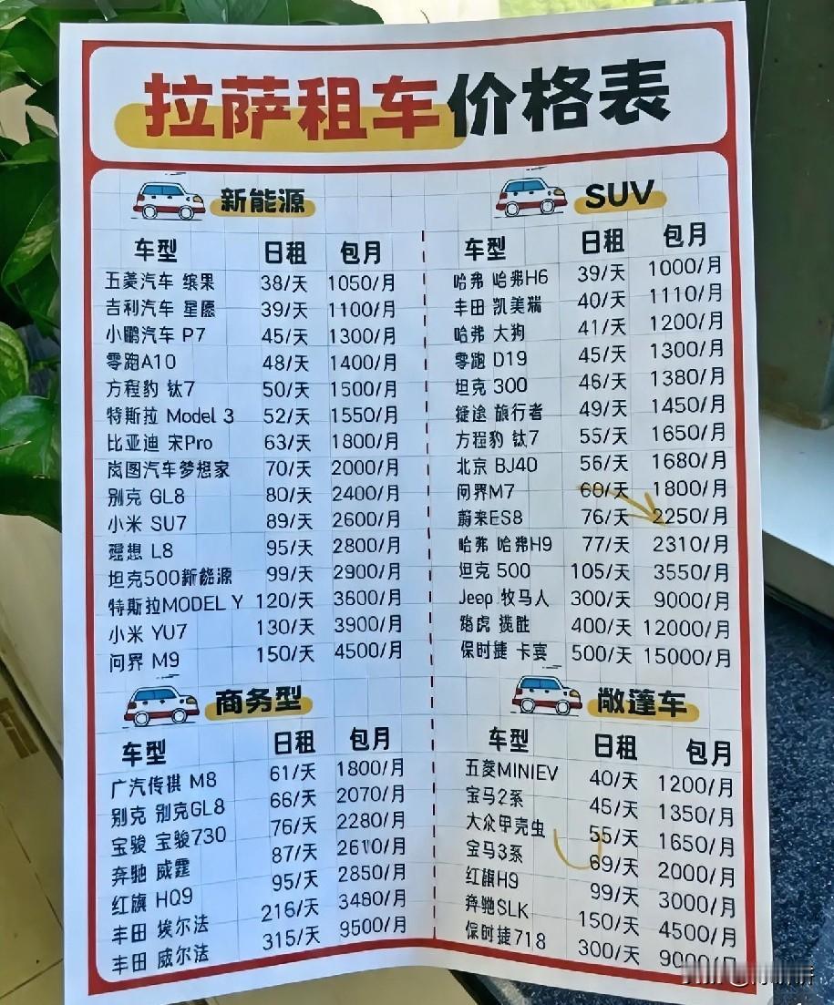 拉萨租车价格表，兄弟姐妹们？这个价格如何？合理吗？平台上有没有拉萨的朋友出来说一