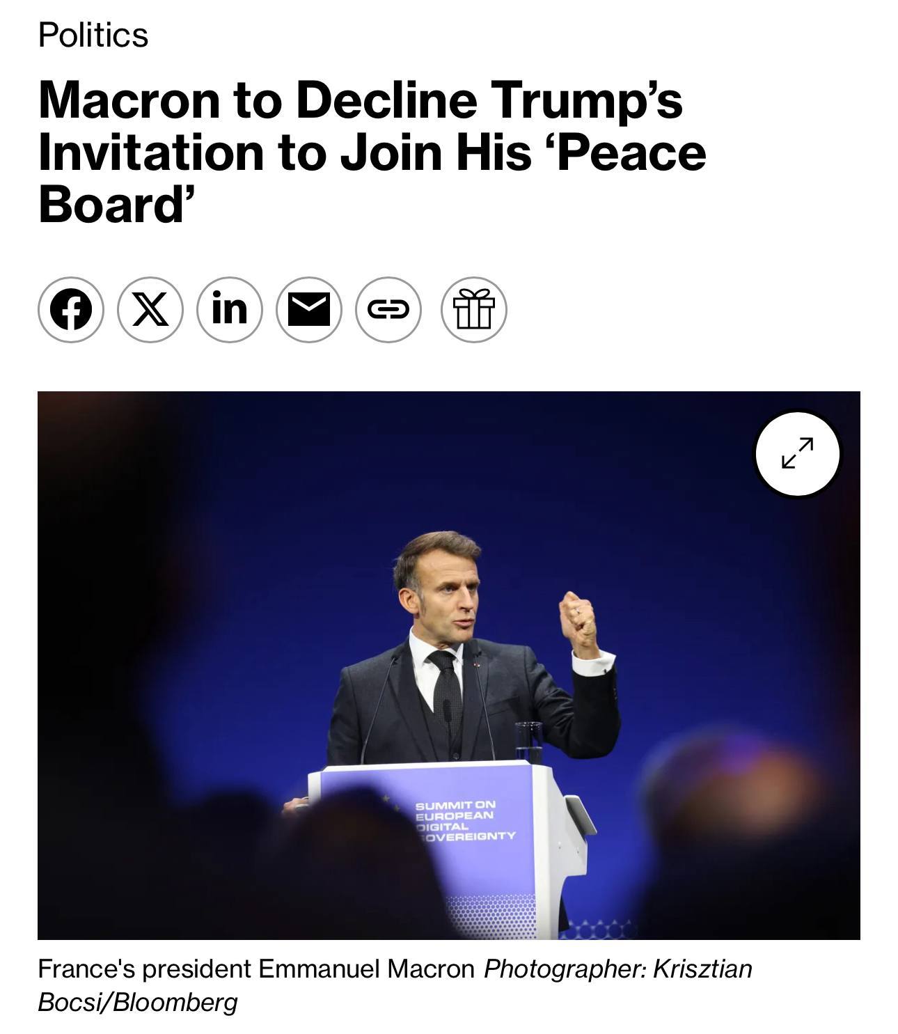 据彭博社报道，法国总统埃马纽埃尔·马克龙不打算接受特朗普总统的邀请，加入加沙和平