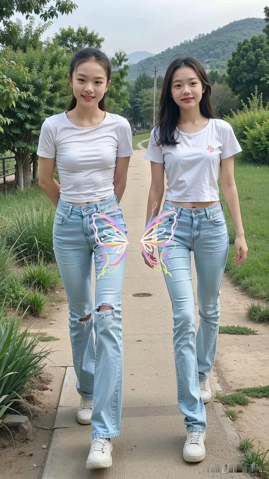 越南姑娘大美和小美青春靓丽，魅力十足。她们身着白色上衣、蓝色牛仔裤搭配白鞋，一颦