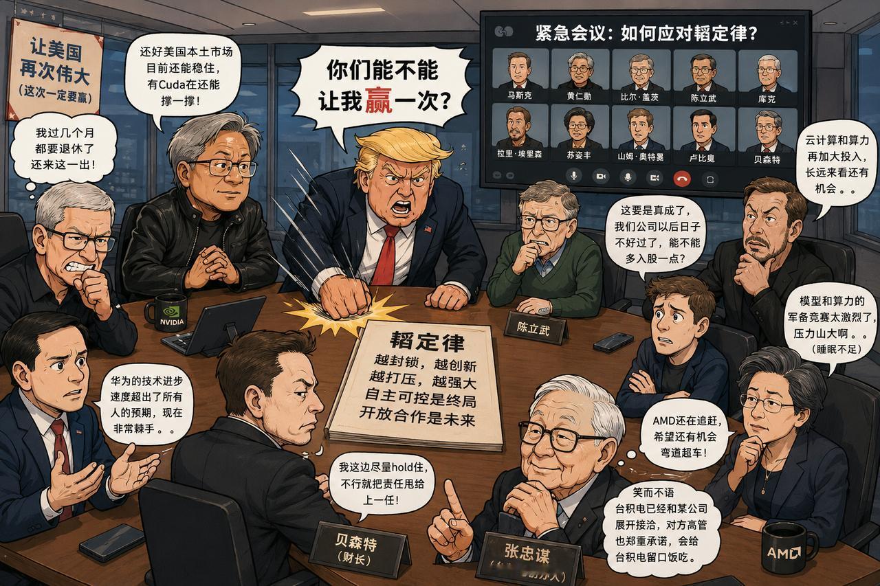 美国科技圈直接集体破防了。
韬定律发布以后，消息传到美国，特总坐不住了。
他把马