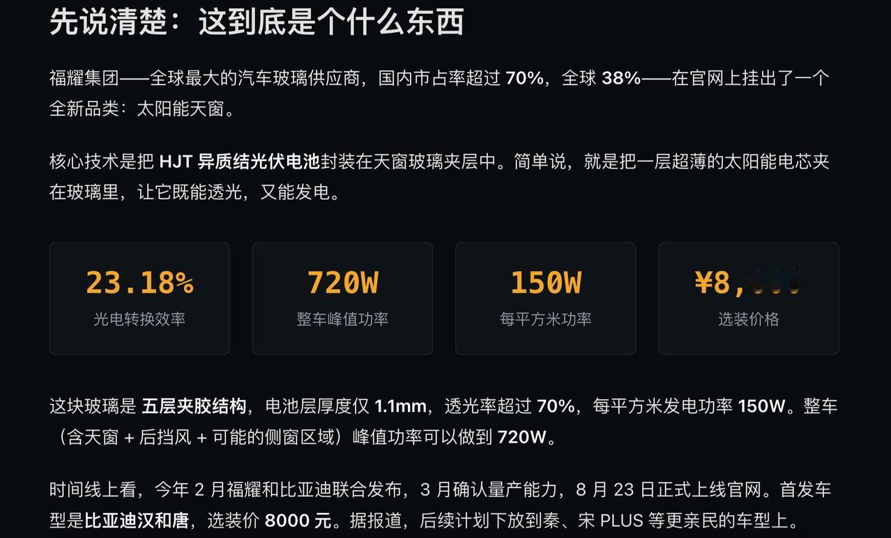 这两天福耀一个“太阳能天窗”产品被顶上微博热搜："车停着就能自己发电，白嫖太阳的