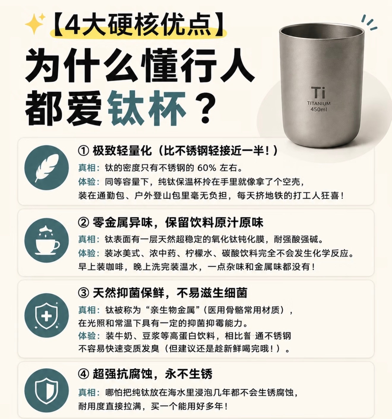 钛餐具的好处其实不少钛材质安全耐腐蚀，不易析出有害物质，抗锈还不易滋生细菌。重量