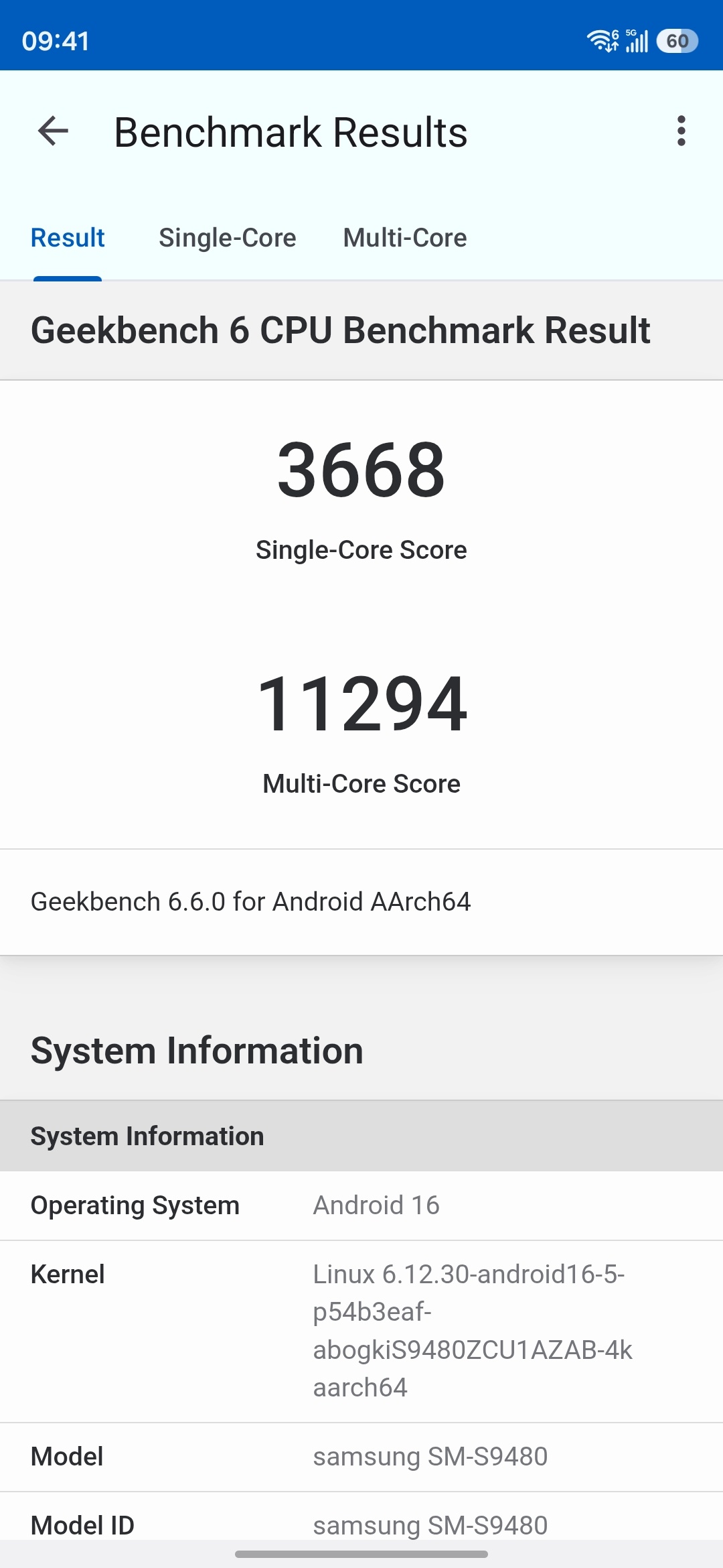 Galaxy S26 Ultra室温下跑分，单核3668，多核11294。这个成