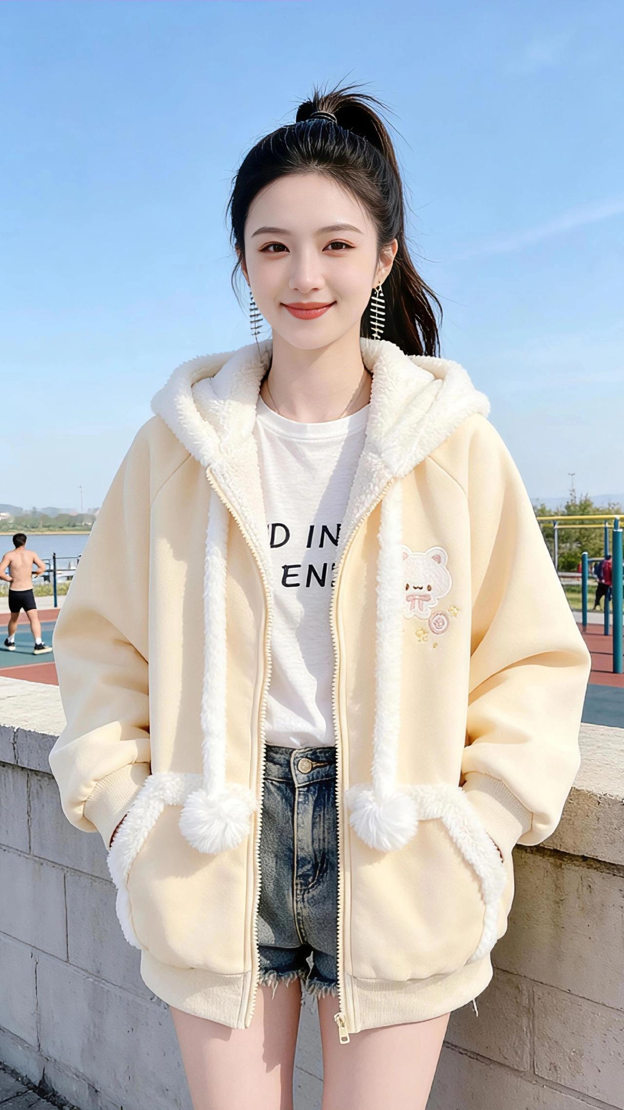 暖黄的风，拂过青春巷口
 
浅黄的连帽外套像揉碎了的阳光，毛茸茸的边檐缀着软乎乎