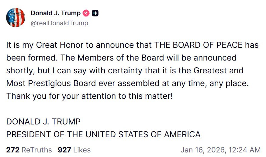 特朗普宣布成立加沙和平委员会：我很荣幸地宣布，和平委员会已经成立。委员会成员名单