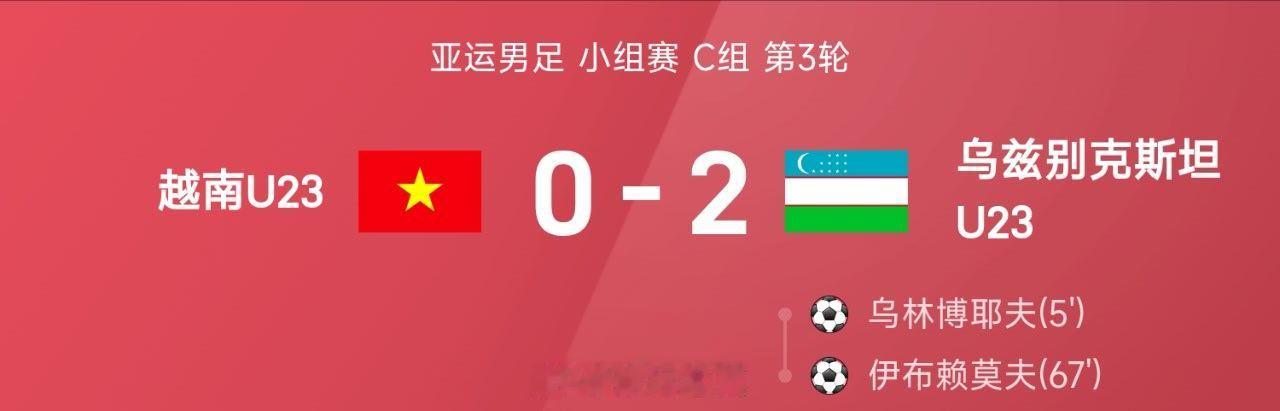 09月22日讯 26赛季亚运男足小组赛C组第3轮，乌兹别克斯坦2-0战胜越南。全