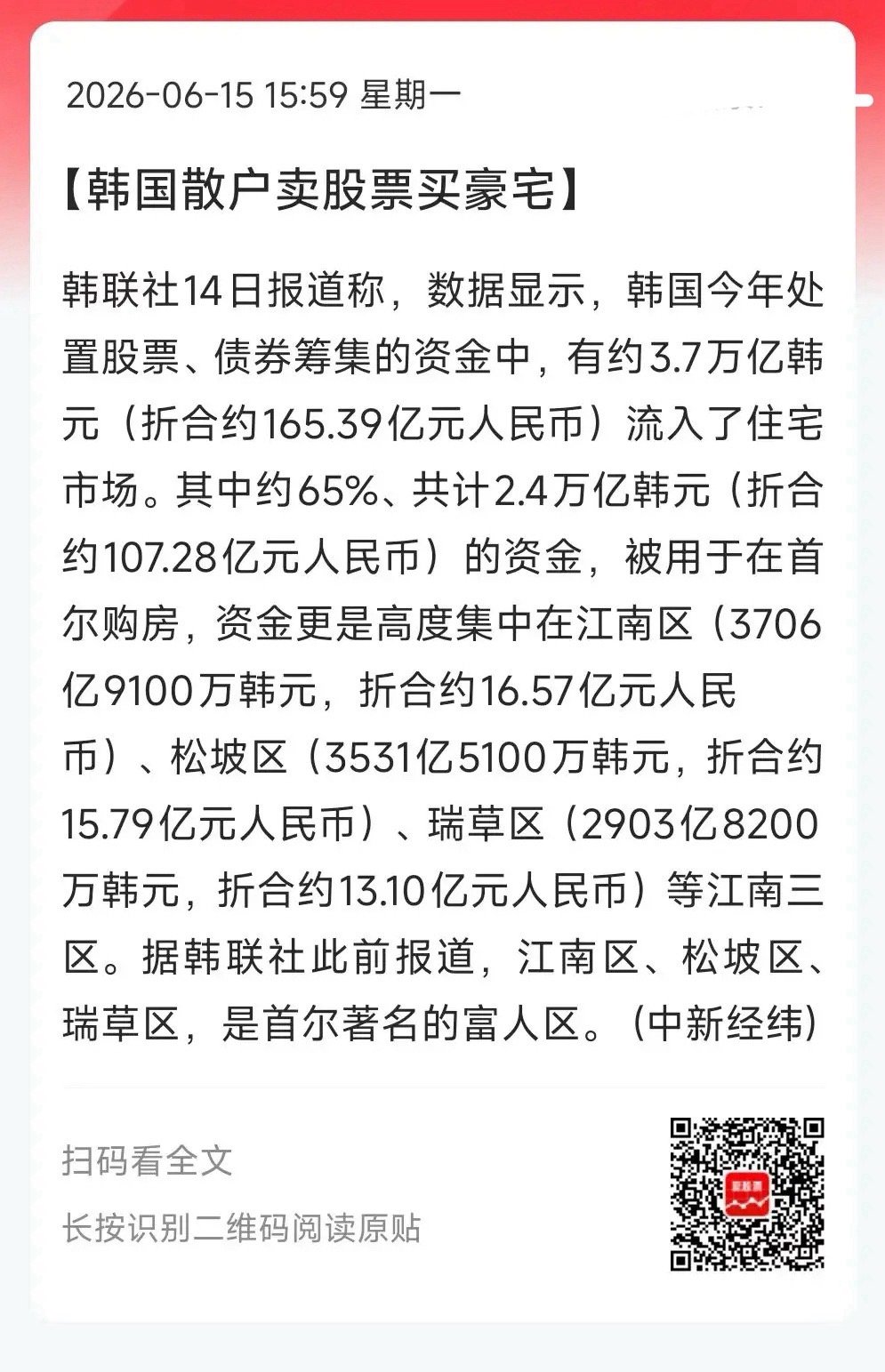 韩国股民在股市赚了钱，第一件事就是卖股票买豪宅！果然炒股的尽头是买房。国内也一样