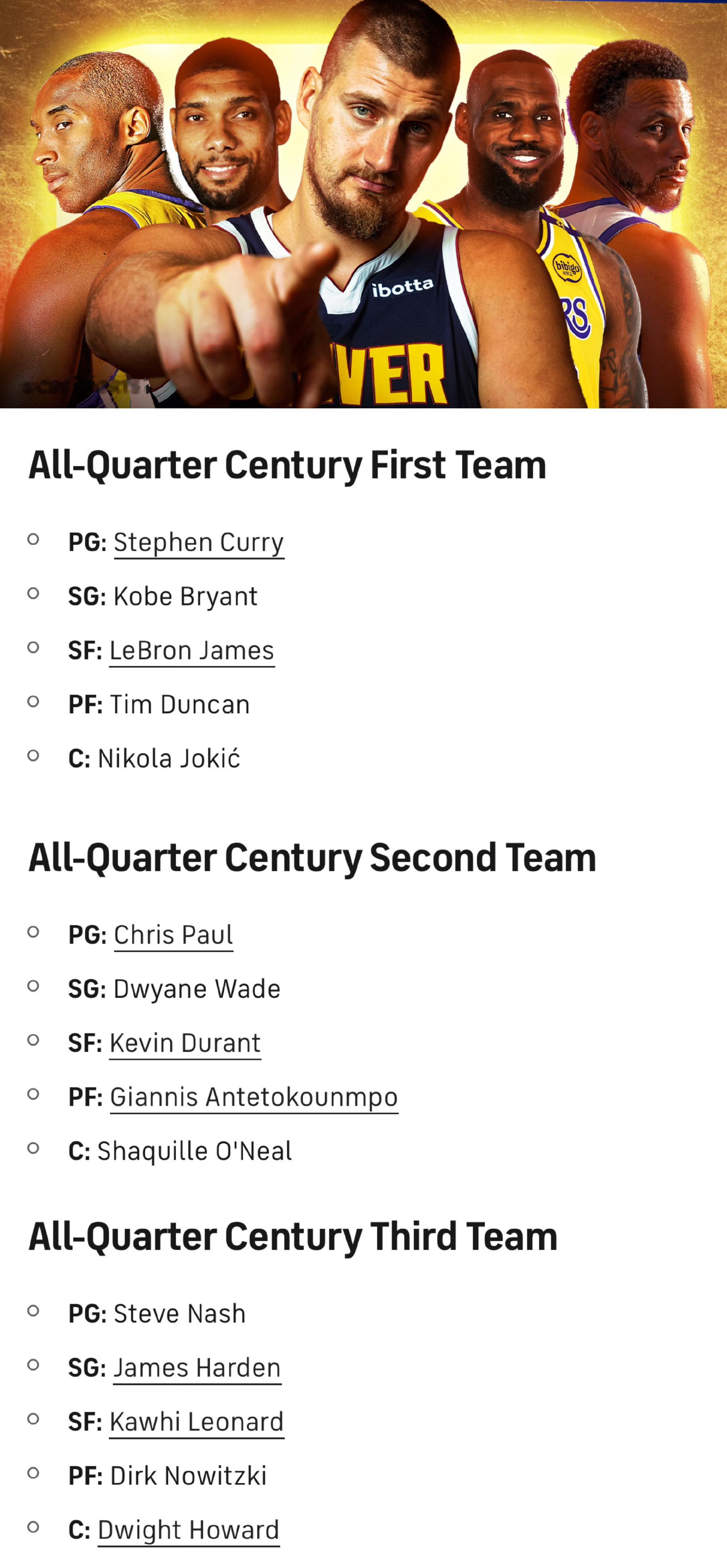 美媒CBS排NBA本世纪至今25年最佳阵容：一阵：库里、科比、詹姆斯、邓肯、约基