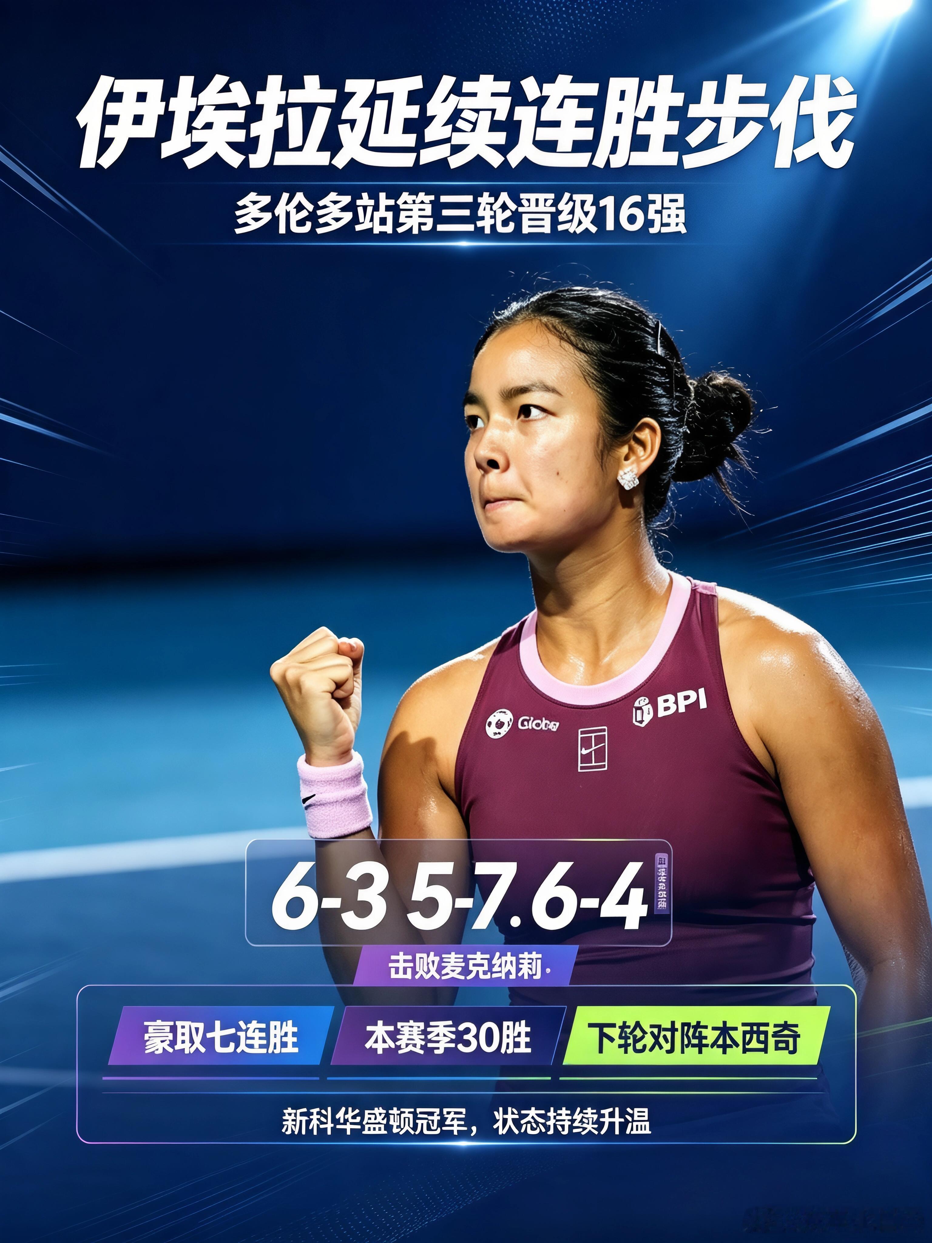 WTA1000多伦多站第三轮伊埃拉鏖战三盘6-3/5-7/6-4拿下麦克纳莉豪取