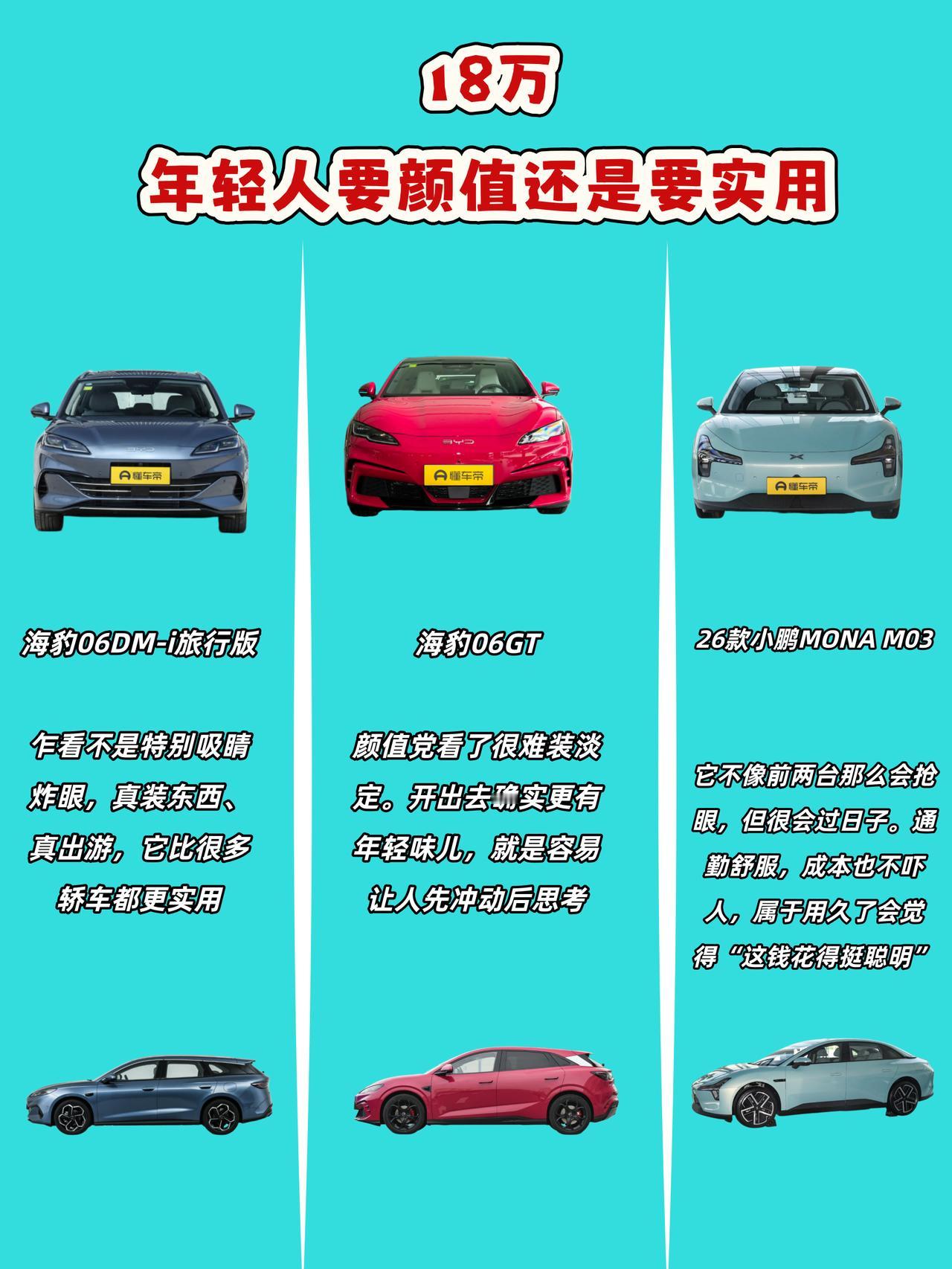 18万，海豹06DM-i旅行版、海豹06GT、2026款小鹏MONA M03，年