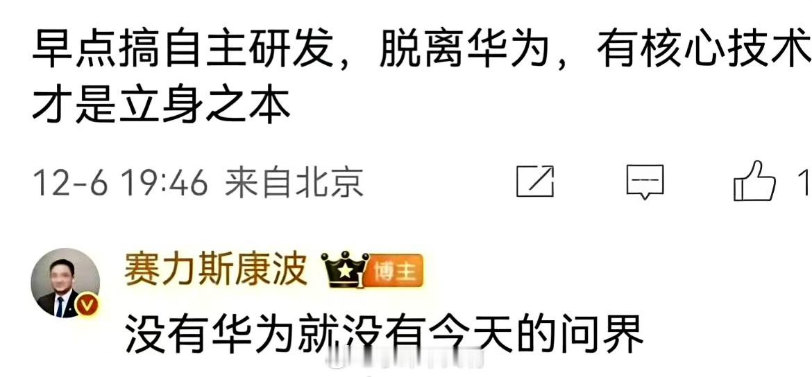 有用户建议问界应加快自主研发，尽早摆脱对华为的依赖，认为掌握核心技术才是企业立足