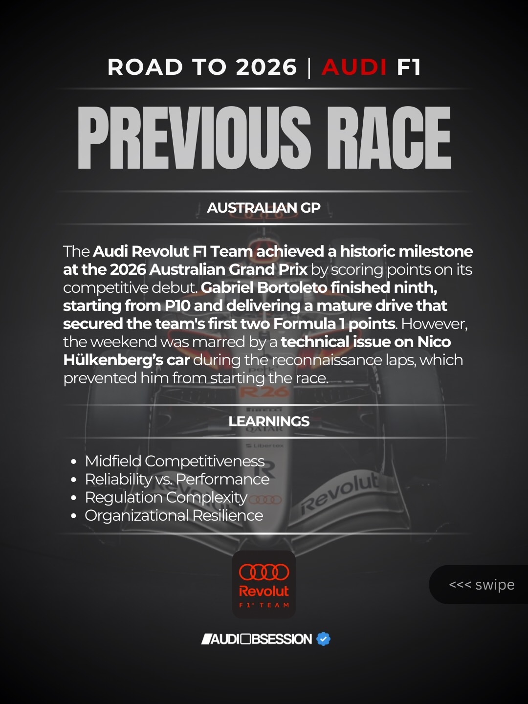 奥迪官方获悉：欢迎来到奥迪痴迷系列赛的另一周：通往2026之路|奥迪革命F1。上