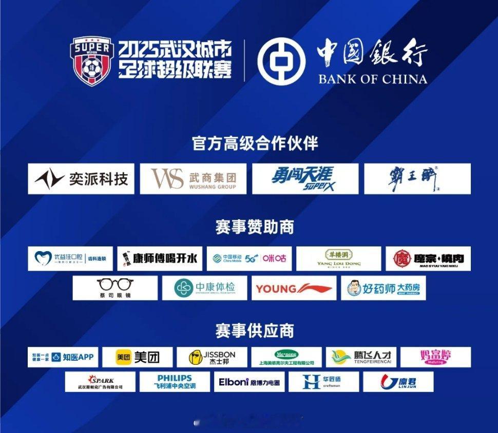 2025武汉城市足球超级联赛官方赞助商总冠名:中国银行，官方高级合作伙伴4家、赛