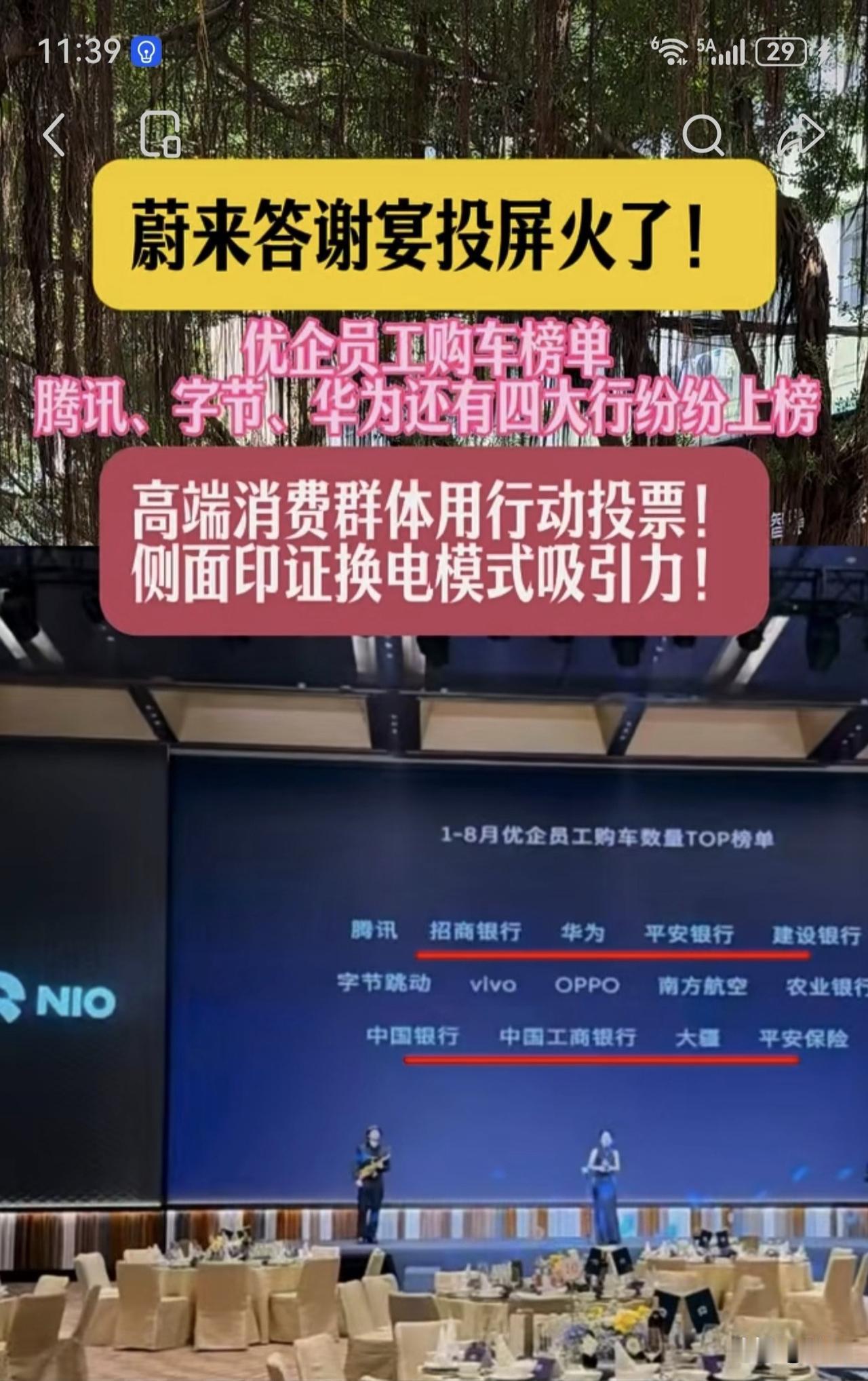蔚来答谢晚宴现场，大屏幕放出1-8月“优企员工购车数量TOP榜单”解读--40-