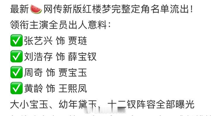 网传新红楼梦演员阵容网传新红楼梦演员阵容，刘浩存薛宝钗，张艺兴贾琏网传新红楼梦定