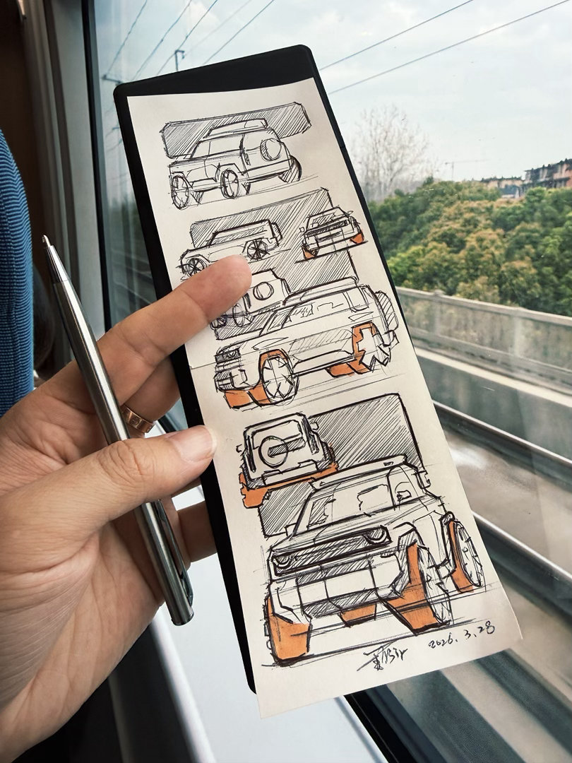 出差高铁上，新买的小本子上画的第一页手绘我与汽车的日常