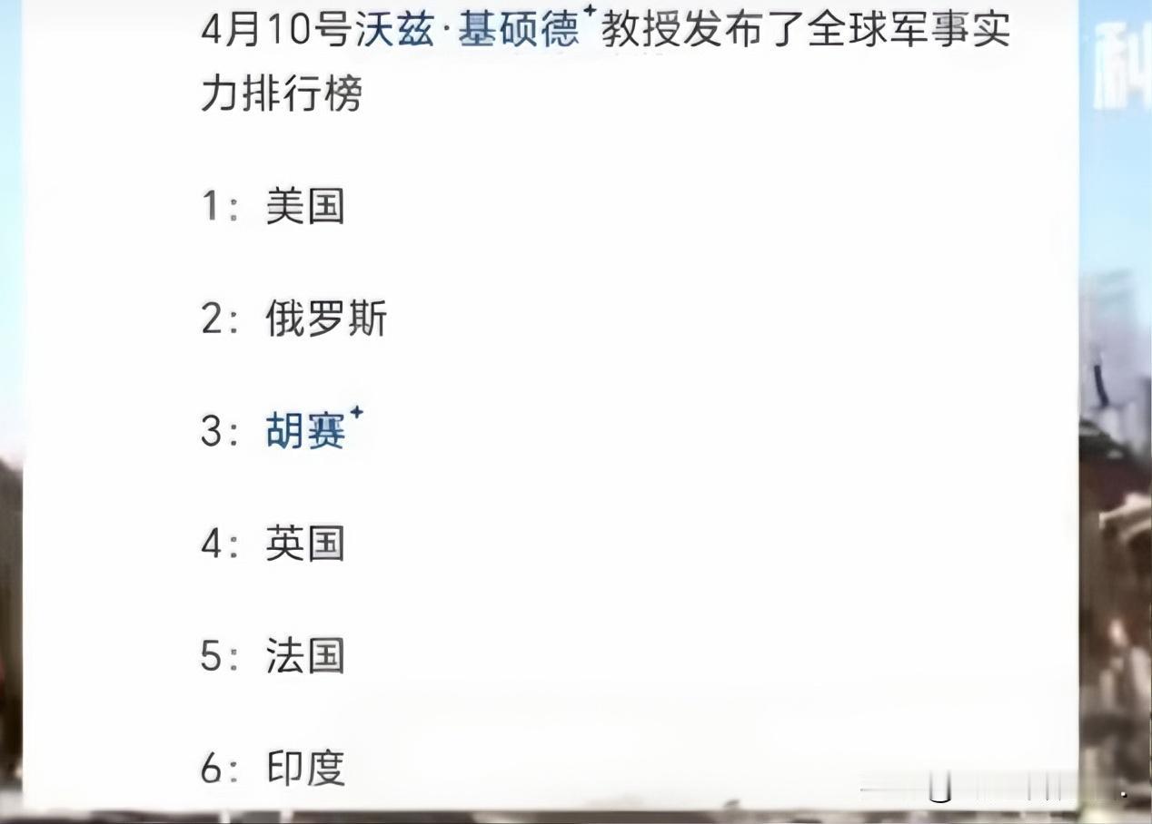 胡塞武装凭什么这么猛？
这是“沃兹·基硕德教授”发布的一份趣味全球军事实力排行榜
