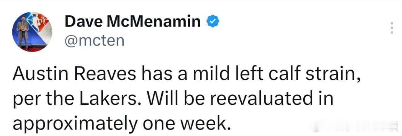 里夫斯左小腿轻微拉伤，大约一周后接受复查！里夫斯小腿轻微拉伤