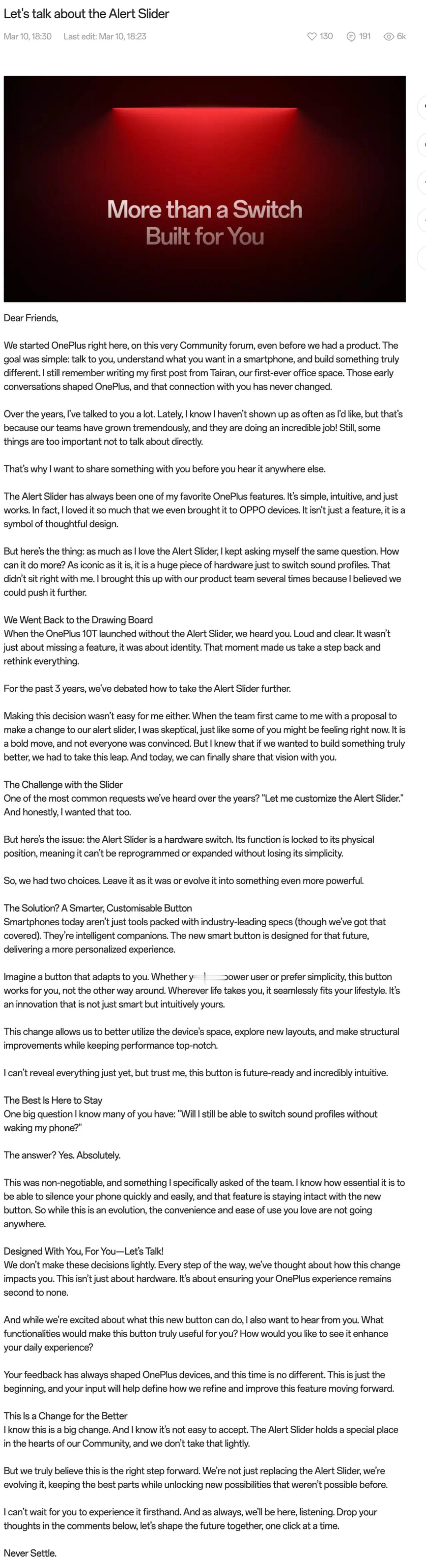 OPPO刘作虎在一加的海外社区更新长文，宣布一加传统经典的三段式滑动按键将更改为