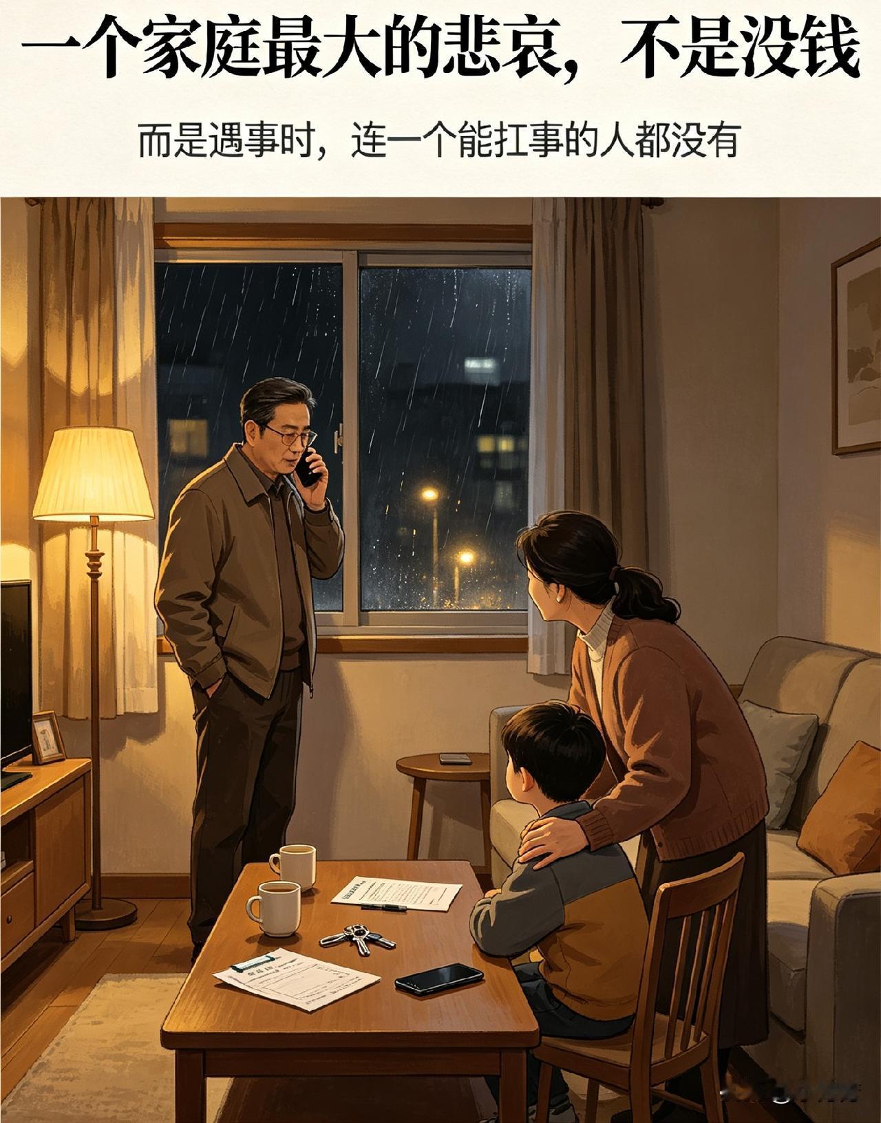 我觉得一个家庭最大的悲哀，
不是没钱，
而是遇事没人能扛事。
 
很多人以为，一