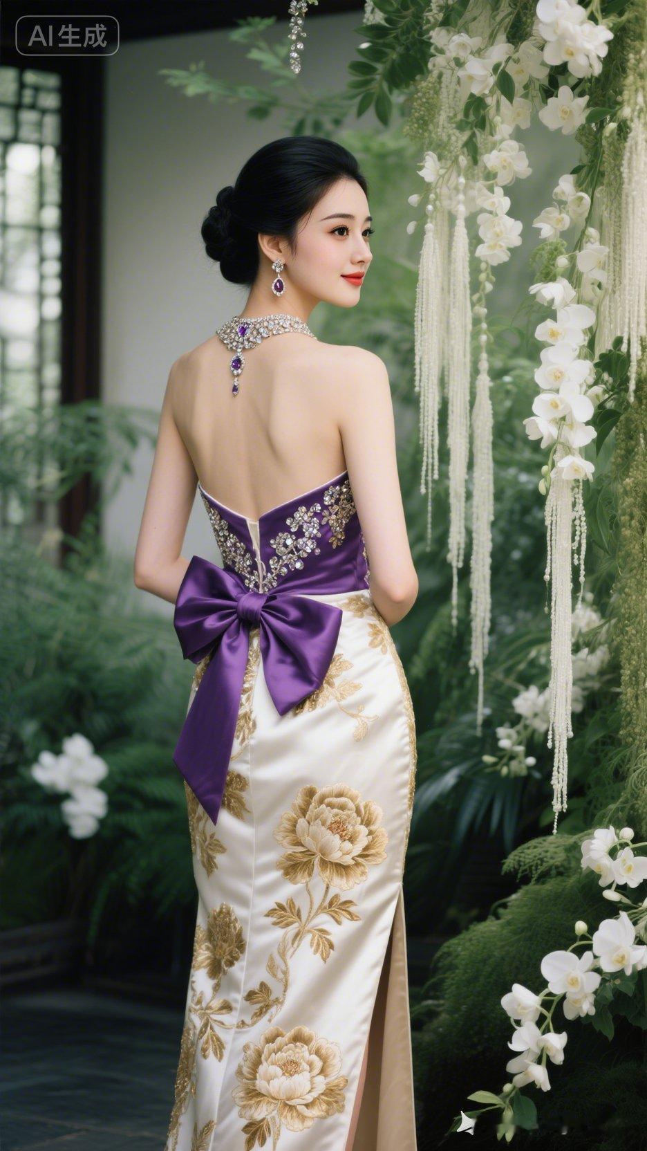 静谧庭院绿植繁茂，白色流苏花垂落如瀑。盘发红唇的雅致女子，身着米金缎面露背礼服，
