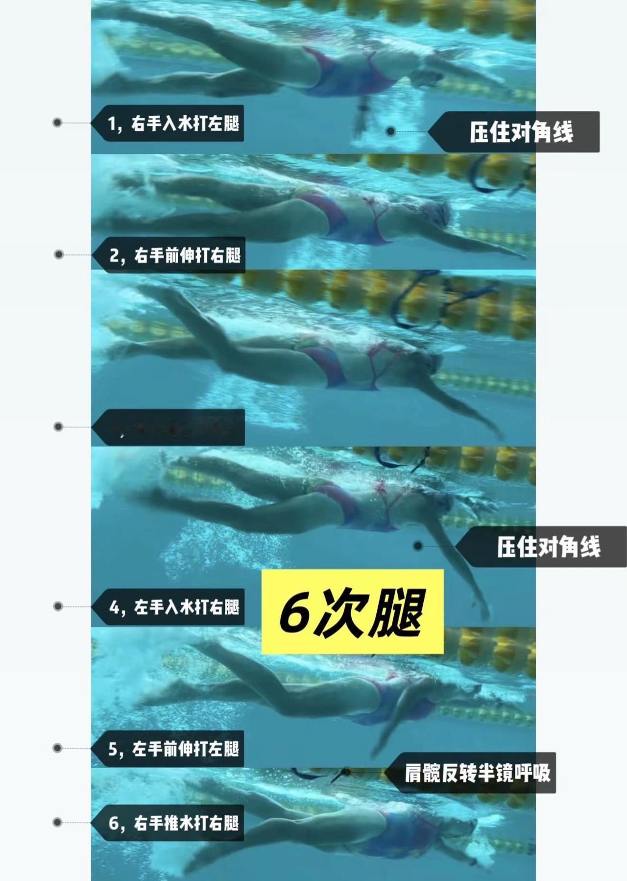 6次4次2次腿，共性都是压住对角线，推水都是肩髋反转。6次腿最简单左右完全对称，