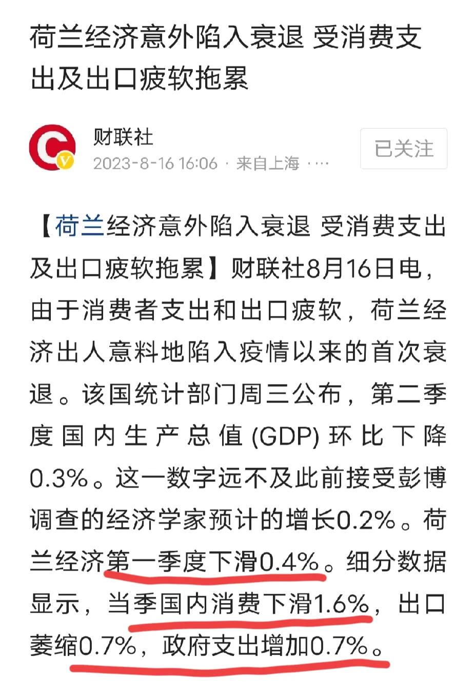 荷兰经济陷入衰退，主要原因是：国内消费下滑1.6%，出口萎缩0.7%，荷兰经济真