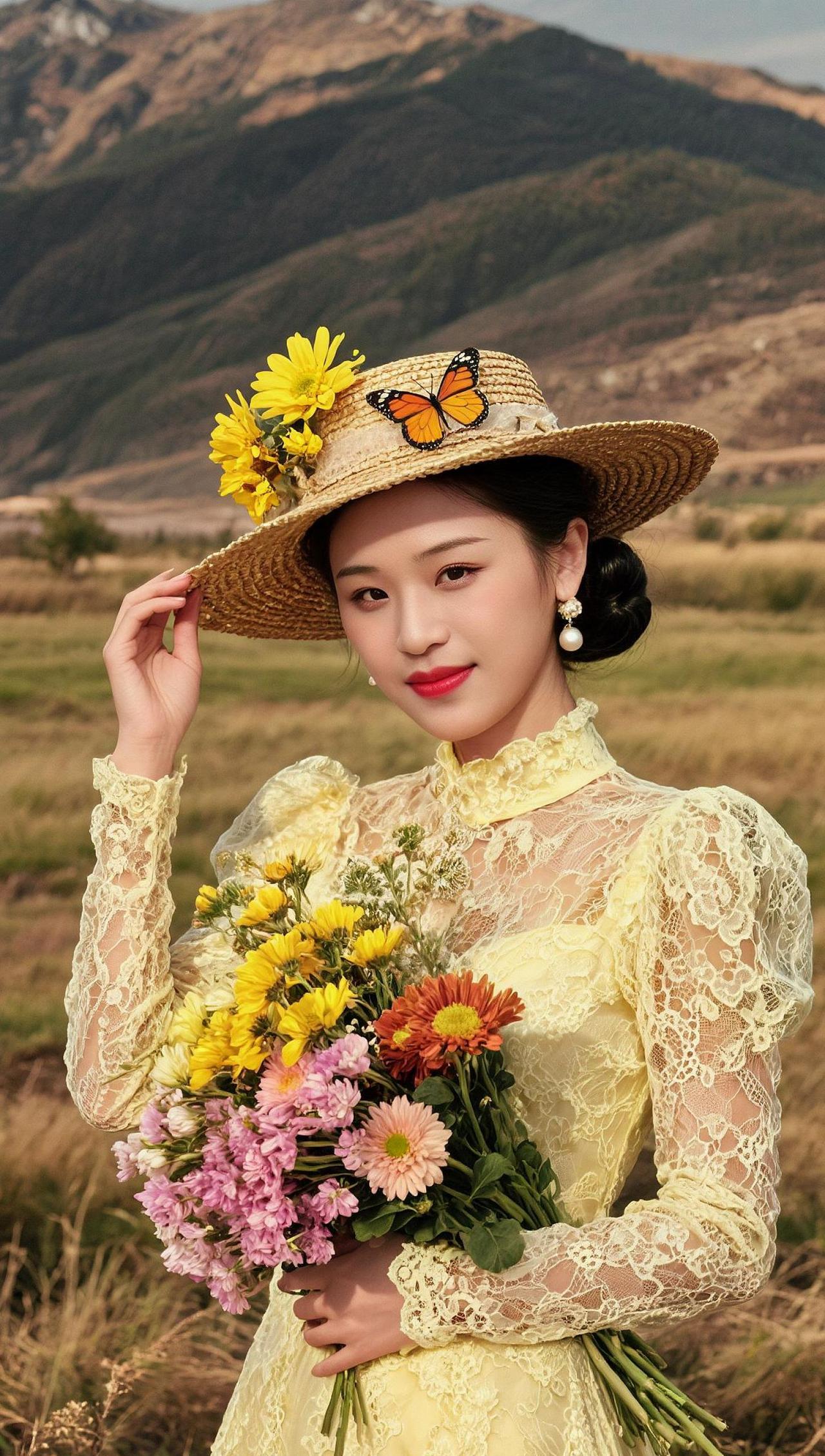 在这片静谧的田野中，一束鲜花仿佛是大自然的低语，诉说着季节的秘密。阳光洒在金黄的