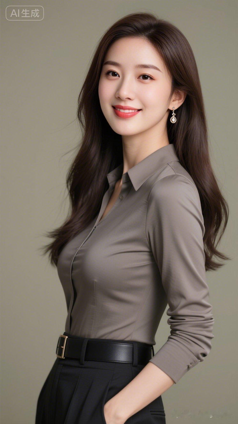 这位美女穿着职业装，笑容甜美。