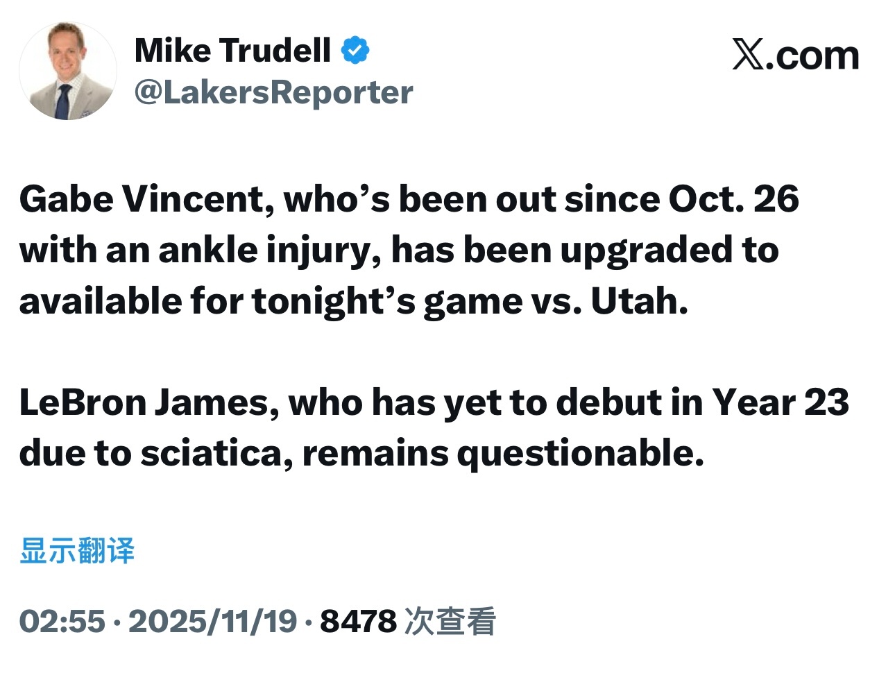 几位湖人记者报道，詹姆斯仍是出战成疑状态（有一说是赛前决定），文森特升级为可以出