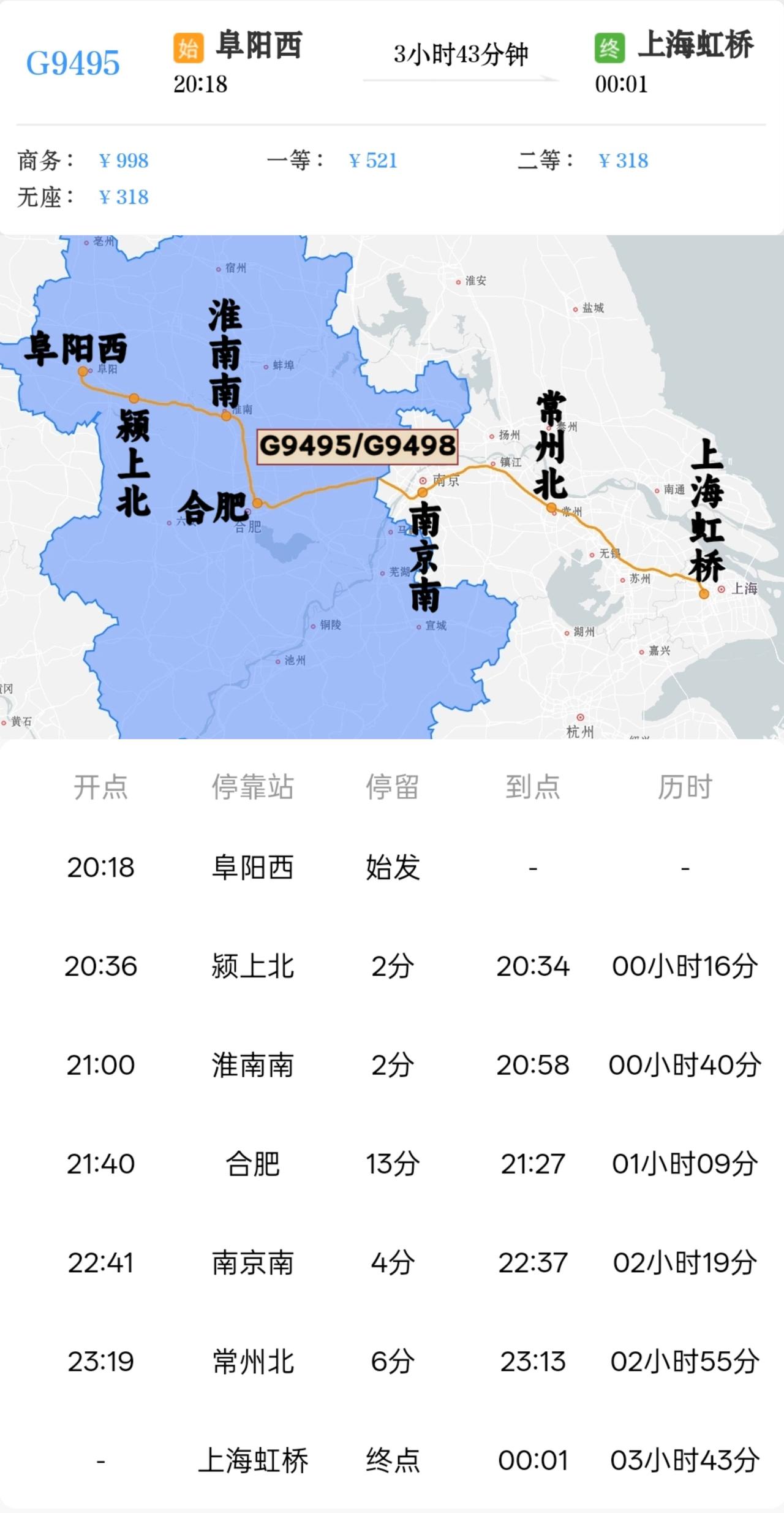 2026年6月18、19日、21日增开阜阳西到上海虹桥G9495/G9498次。