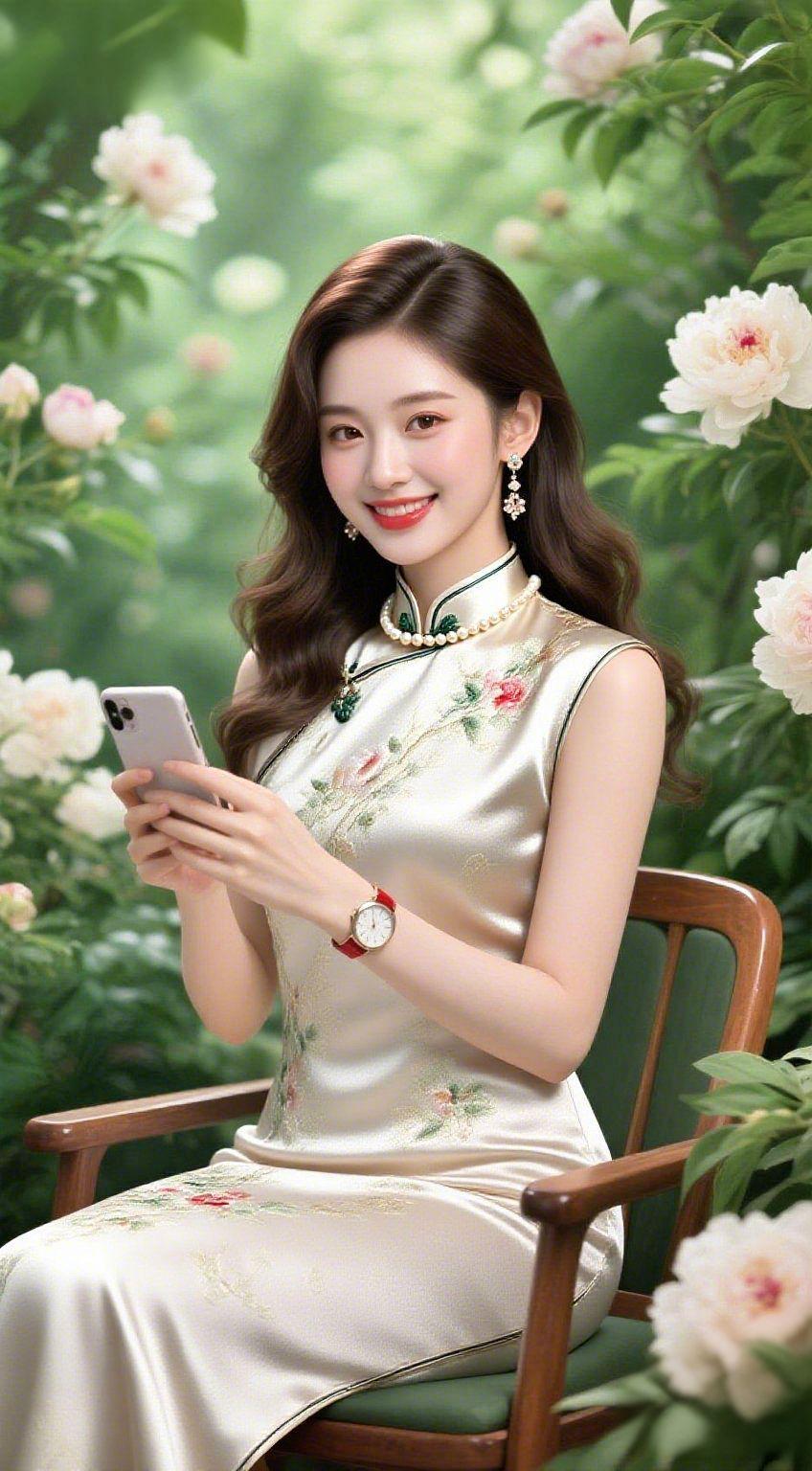 旗袍伴春，花里藏闲柔
 
白牡丹浸在雾样的绿意里，她倚着木椅，月白旗袍裹着软缎的