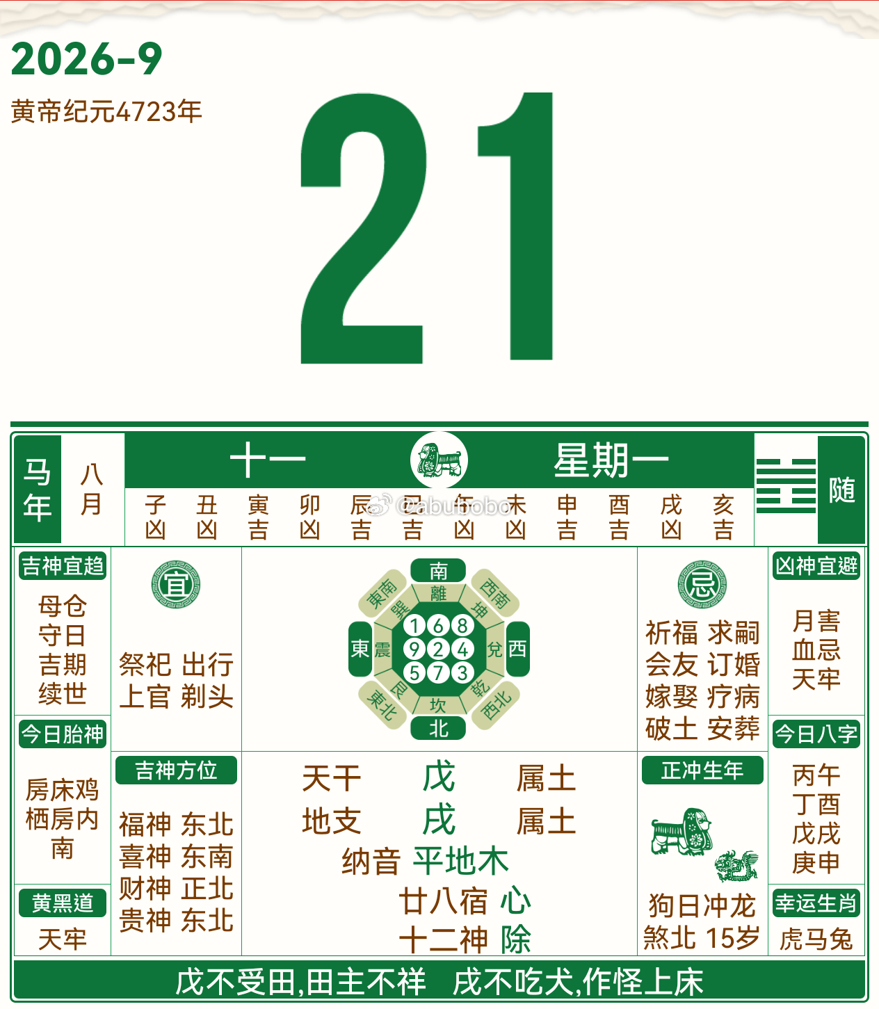 2026年9月21号 农历八月十一 戊戌日天牢黑道日、除日，普。宜 祭祀祖先 出